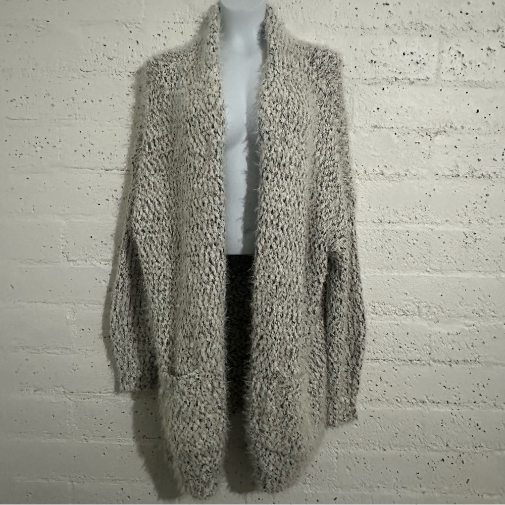 BP Womens Plus Cardigan Sweater 1X Gray Metallic Loose Knit Fuzzy Long Pockets
